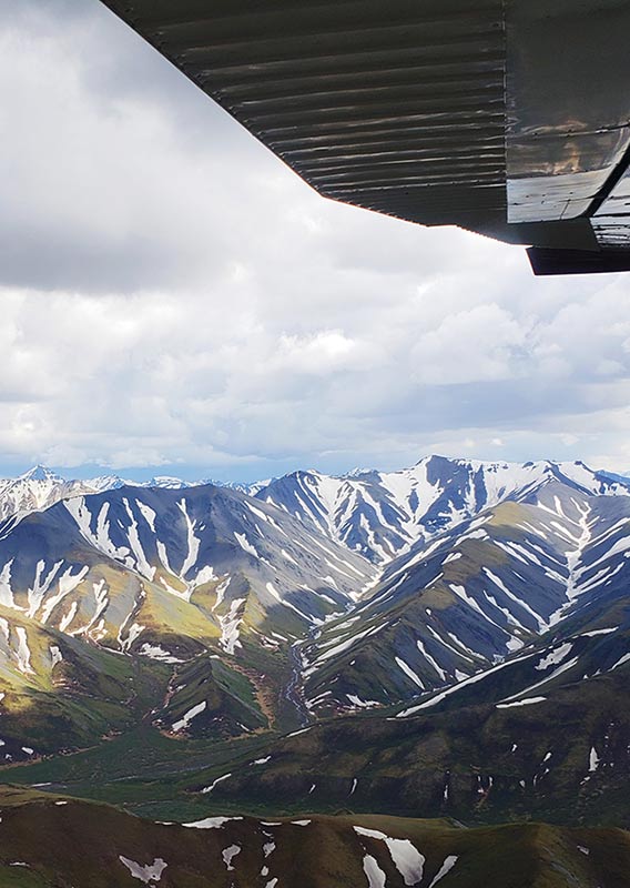 The view of a ravine from an airplane with a wing in view