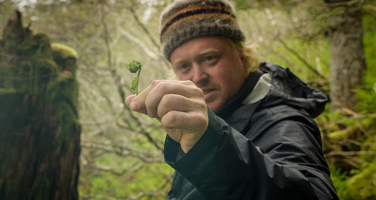 A man stands in a green forest, holding up a fiddlehead plant.