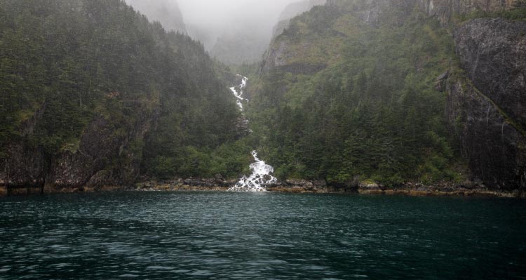 A waterfall streams downhill between tree-covered ridges.