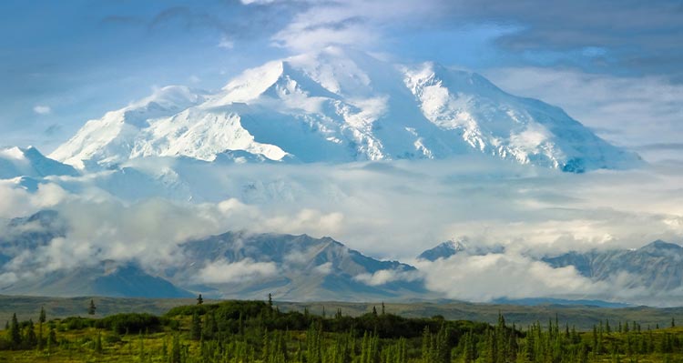 A snow covered mountain is surrounded by clouds, a wide green forest in front.