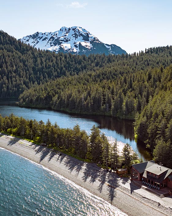 An aerial view of a small tree-covered island with a wooden lodge at the shoreline.