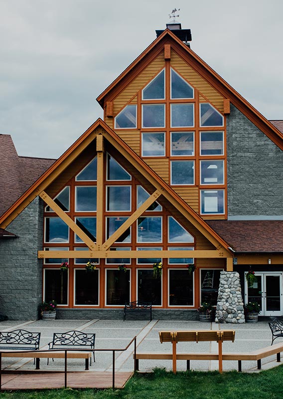 A lodge built of wood and stone.