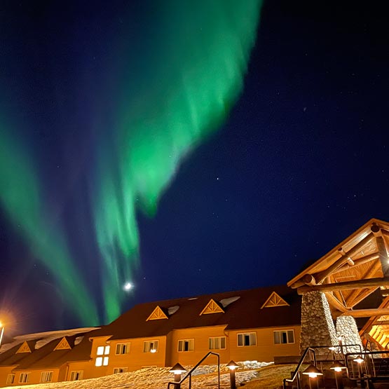 Green aurora cover the night sky above a wooden lodge.