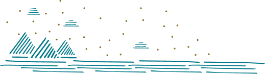 A graphic illustration of mountains and the sea.