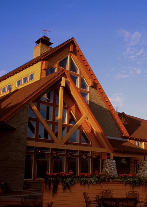 An exterior view of Talkeetna Alaskan Lodge at sunset